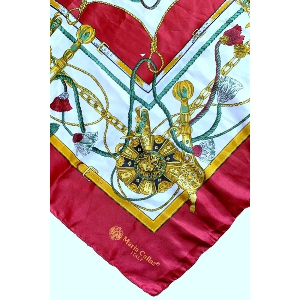 Maria Callas Italy Silk Scarf Equestrian Tassels Medallions Red Gold 34